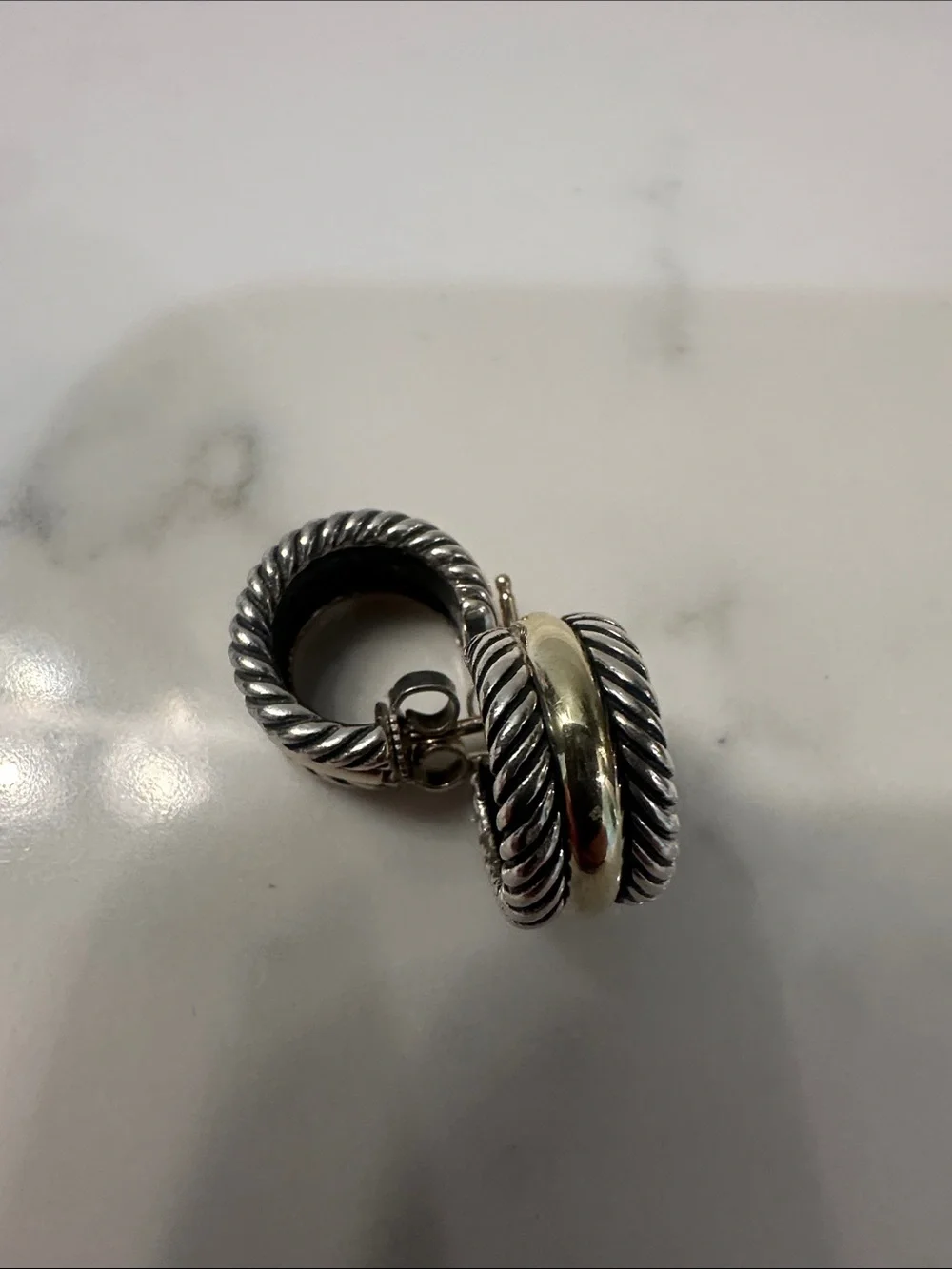 David Yurman Two-Tone Twisted Hoop Drop Earrings in Silver and Gold - Picture 1 of 5